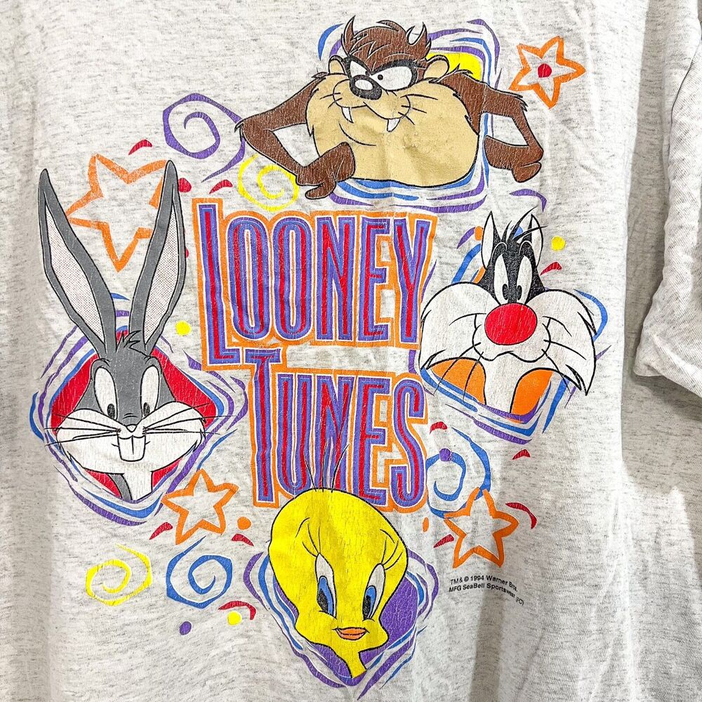 Vintage Looney Tunes T-Shirt Sz M 1994 Bugs Bunny Tweety Sylvester Taz 90s Gray - Picture 2 of 7